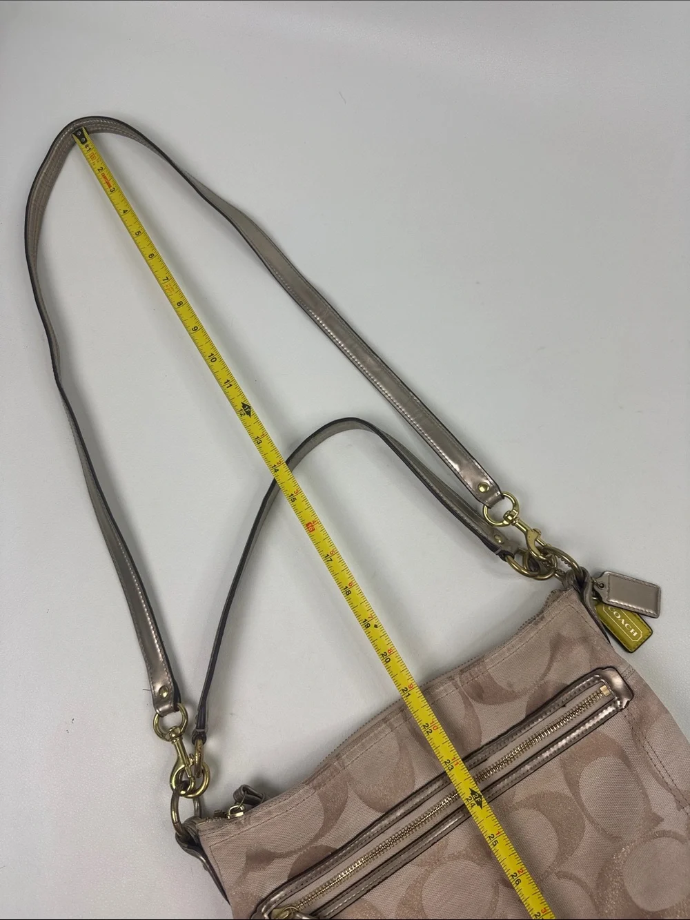 Coach Signature C Canvas Crossbody Bag Beige Gold Leather Trim Coral lined